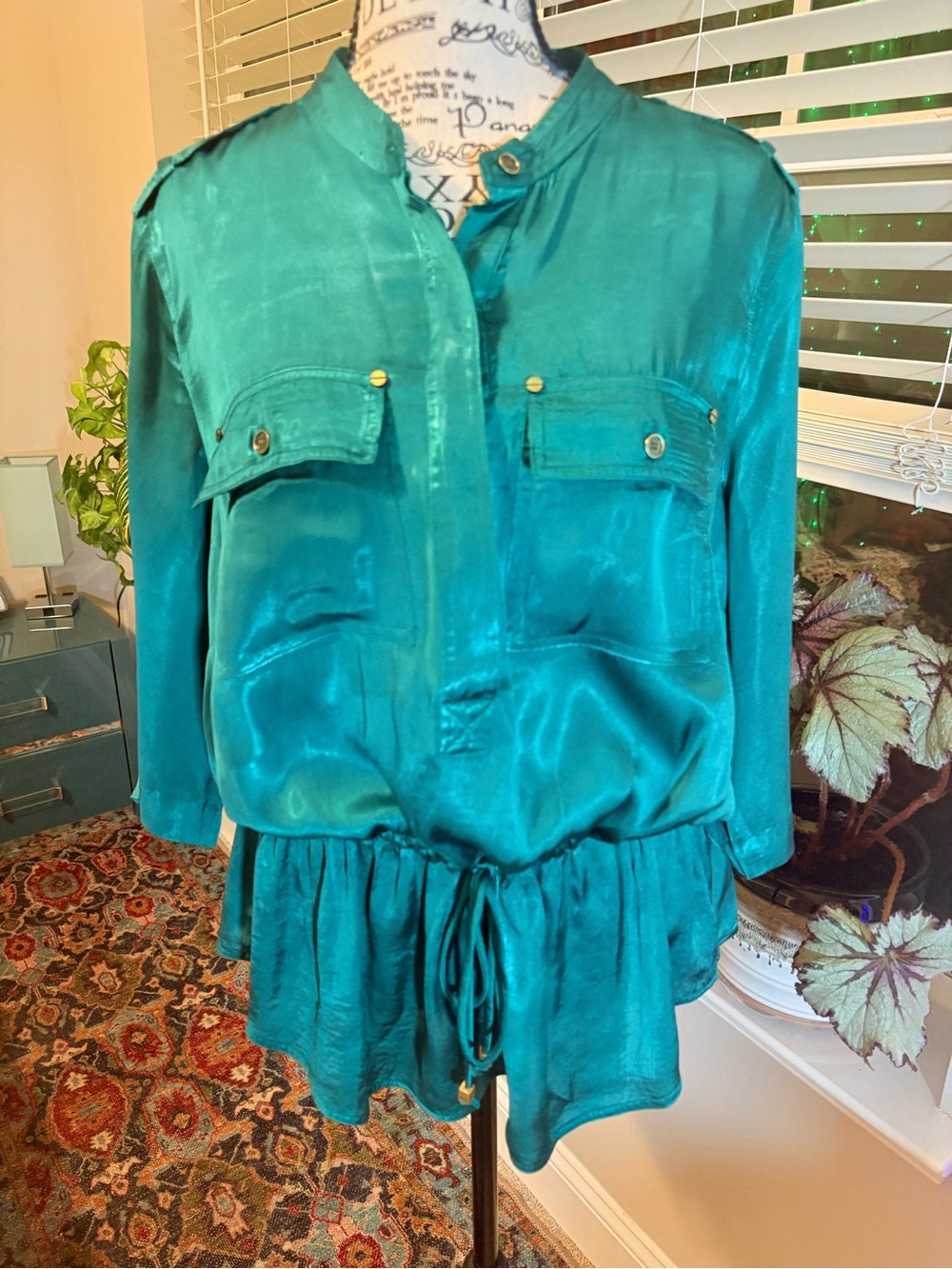 Silk Teal Drawstring Peplum Blouse
